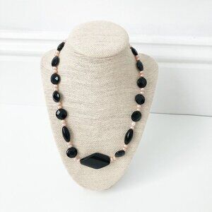NWT Genuine Black Onyx, Pearls & Black Crystal Beaded Necklace Black Pink